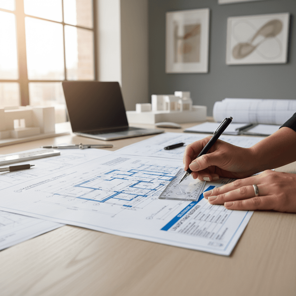 Engineer reviewing mechanical project blueprints